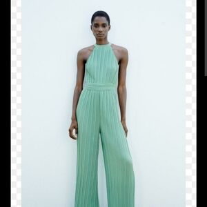Zara Green Halter Jumpsuit with Flowing Wide-Leg Design Medium